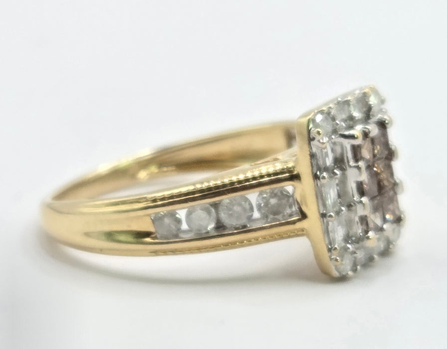 Vintage: 9ct Yellow Gold Cognac & White Diamond Cluster Ring — 1.24ct