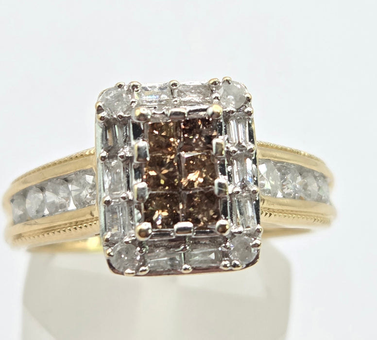 Vintage: 9ct Yellow Gold Cognac & White Diamond Cluster Ring — 1.24ct
