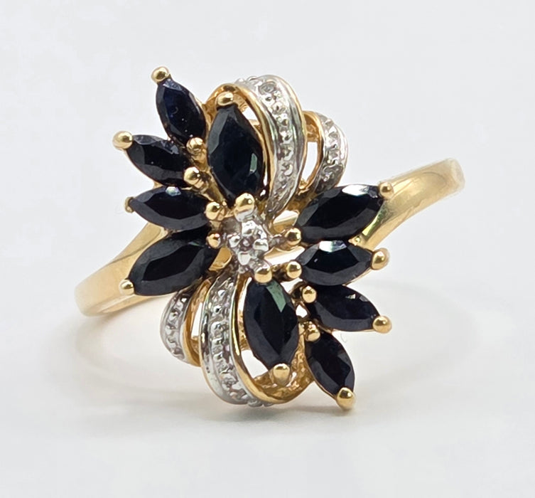 Vintage: 9ct Yellow Gold Sapphire & Diamond Dress Ring
