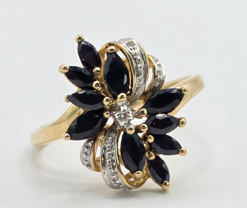 Vintage: 9ct Yellow Gold Sapphire & Diamond Dress Ring