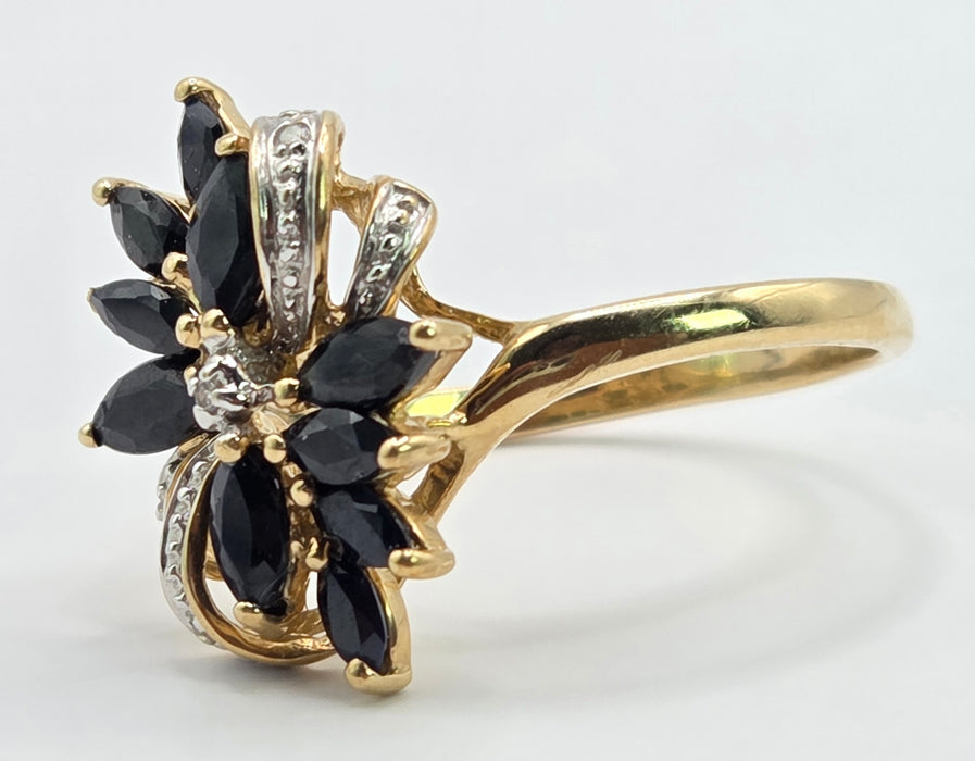 Vintage: 9ct Yellow Gold Sapphire & Diamond Dress Ring