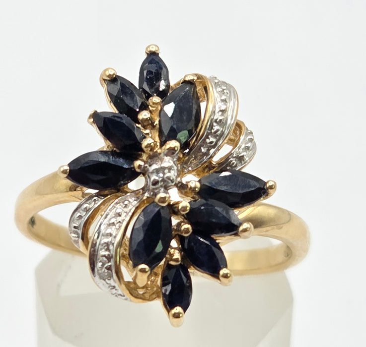Vintage: 9ct Yellow Gold Sapphire & Diamond Dress Ring