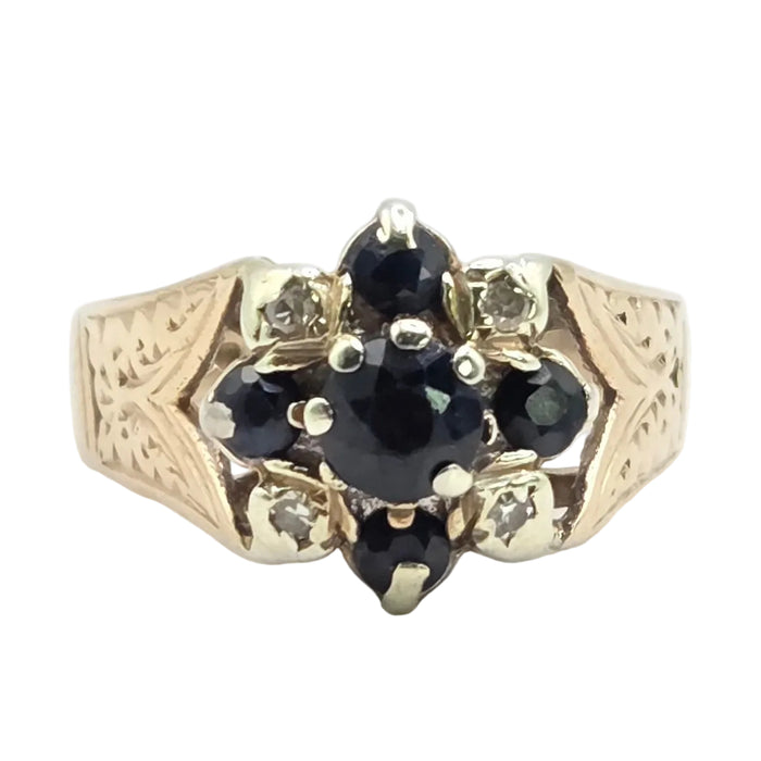 Vintage: 9ct Yellow Gold Sapphire & Diamond Cluster Ring — From 1977