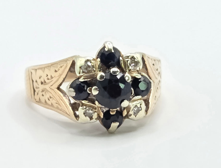 Vintage: 9ct Yellow Gold Sapphire & Diamond Cluster Ring — From 1977