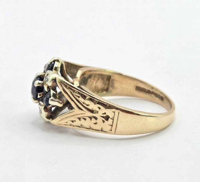 Vintage: 9ct Yellow Gold Sapphire & Diamond Cluster Ring — From 1977