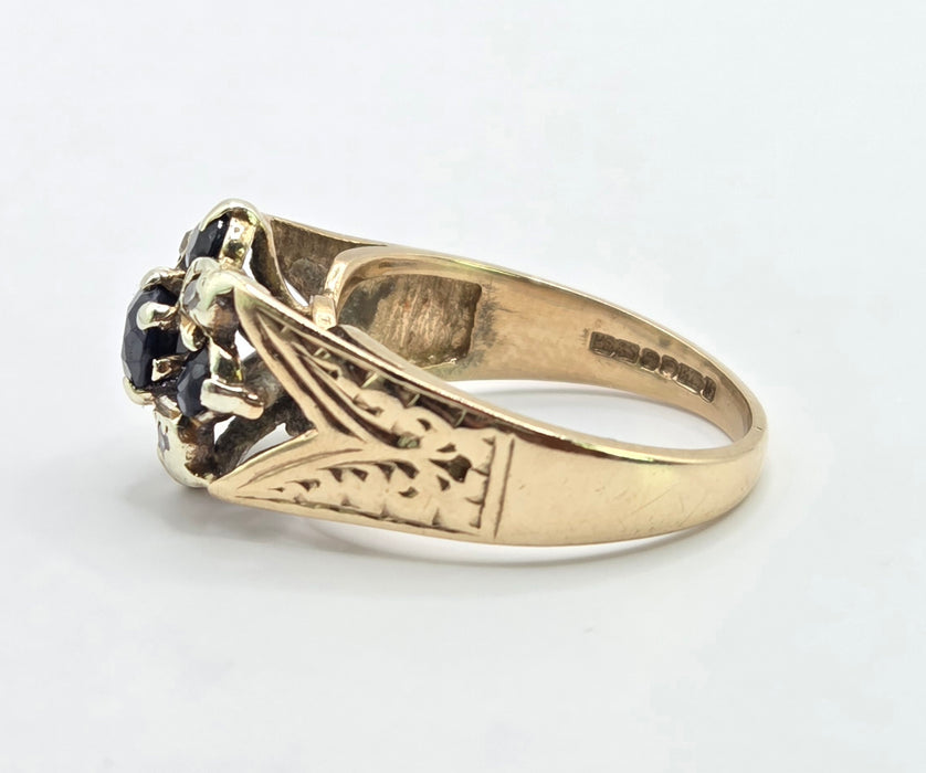 Vintage: 9ct Yellow Gold Sapphire & Diamond Cluster Ring — From 1977
