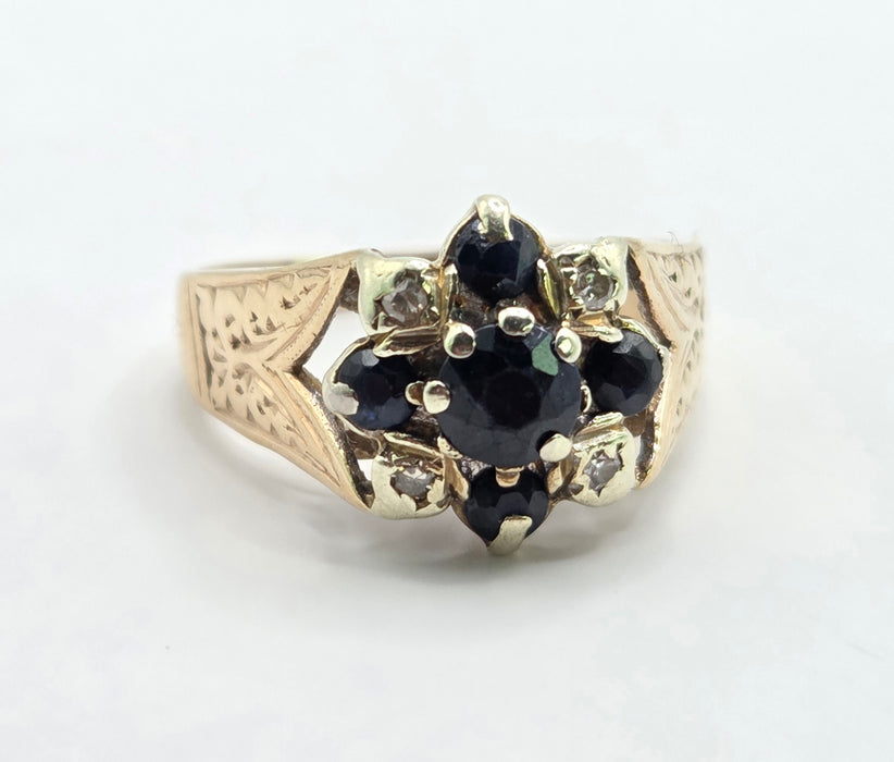 Vintage: 9ct Yellow Gold Sapphire & Diamond Cluster Ring — From 1977