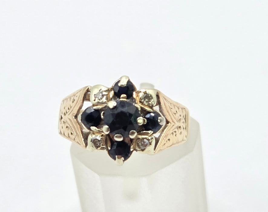 Vintage: 9ct Yellow Gold Sapphire & Diamond Cluster Ring — From 1977