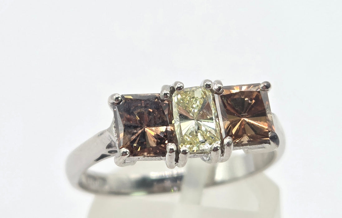 Vintage: 18ct White Gold Chocolate & White Diamond Three Stone Ring — 1.94ct