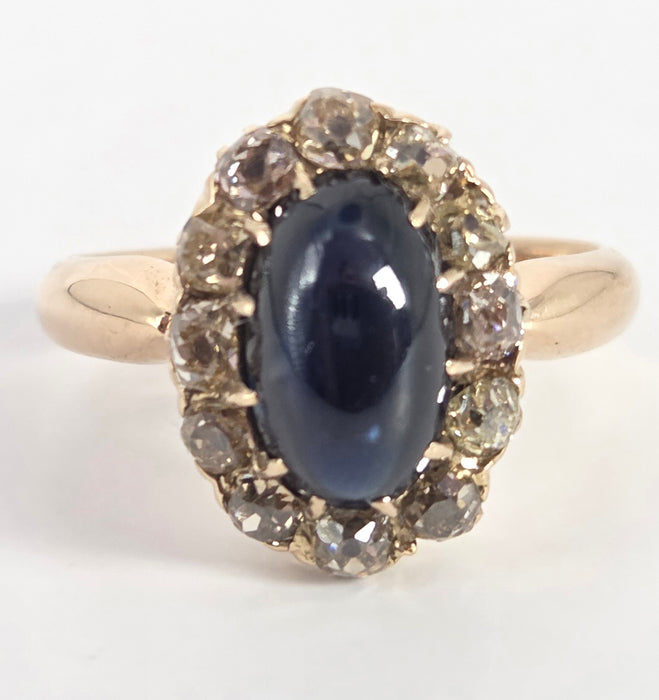 Victorian: 18ct Yellow Gold Cabochon Sapphire & Diamond Cluster Ring — 3.02ct