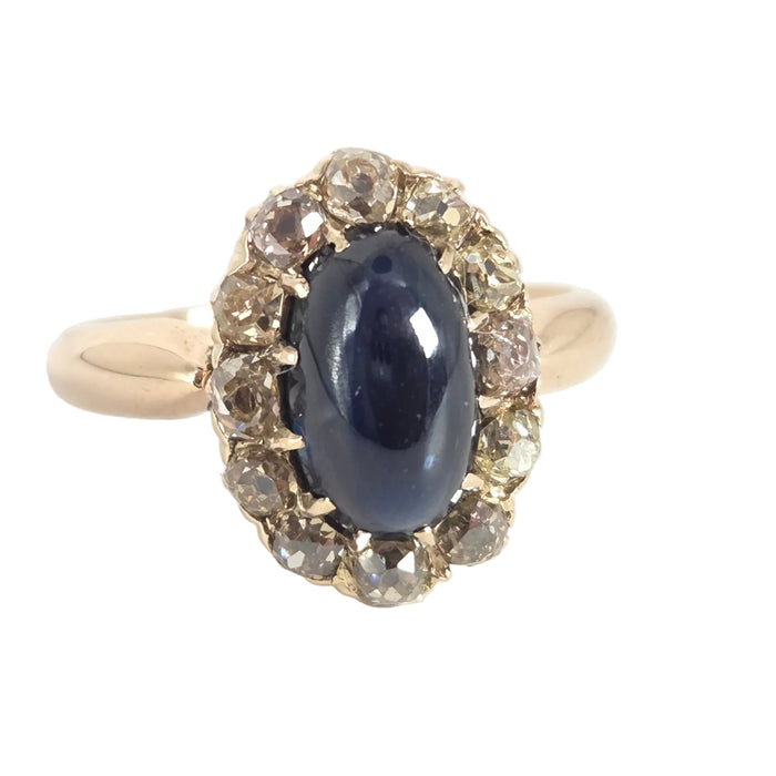 Victorian: 18ct Yellow Gold Cabochon Sapphire & Diamond Cluster Ring — 3.02ct
