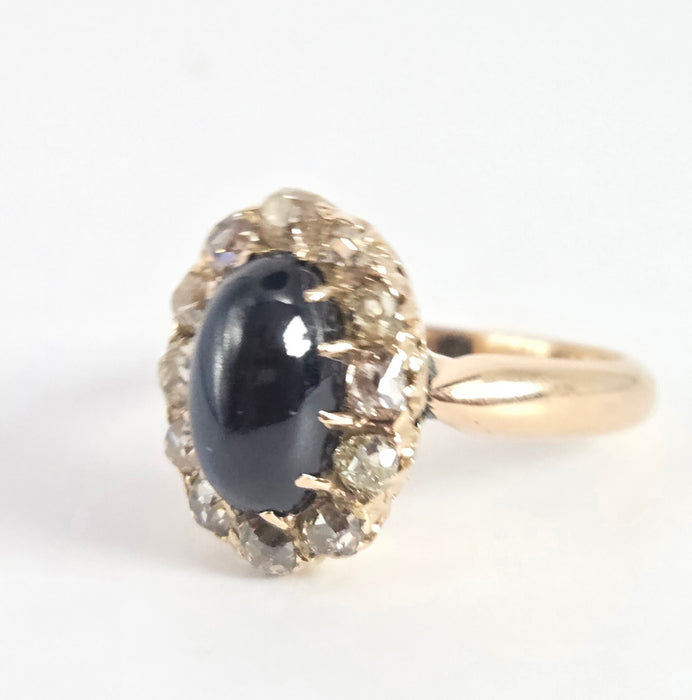 Victorian: 18ct Yellow Gold Cabochon Sapphire & Diamond Cluster Ring — 3.02ct