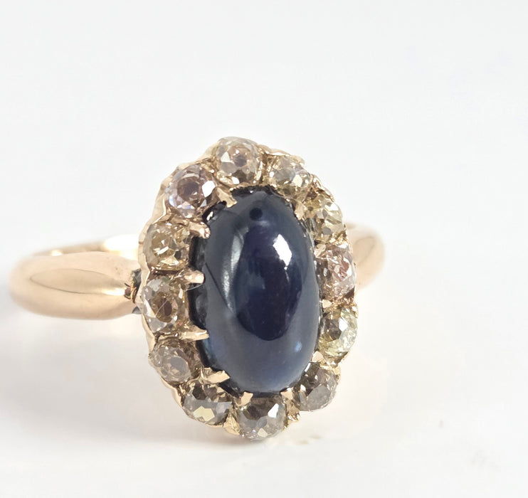 Victorian: 18ct Yellow Gold Cabochon Sapphire & Diamond Cluster Ring — 3.02ct