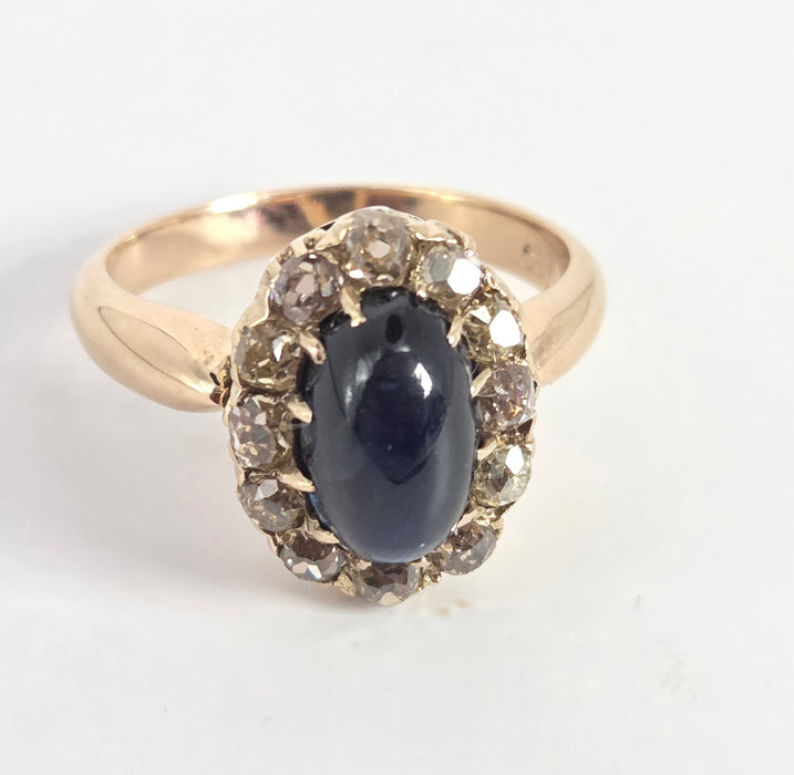 Victorian: 18ct Yellow Gold Cabochon Sapphire & Diamond Cluster Ring — 3.02ct