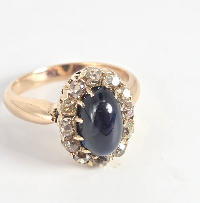 Victorian: 18ct Yellow Gold Cabochon Sapphire & Diamond Cluster Ring — 3.02ct
