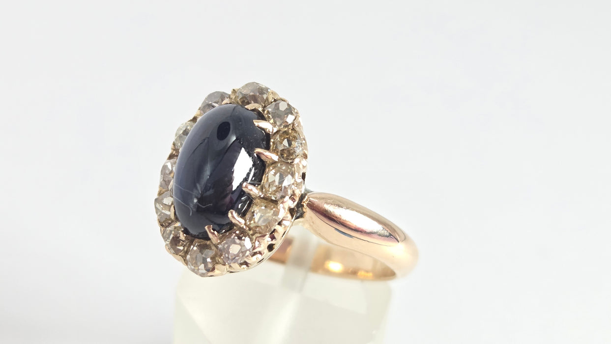 Victorian: 18ct Yellow Gold Cabochon Sapphire & Diamond Cluster Ring — 3.02ct