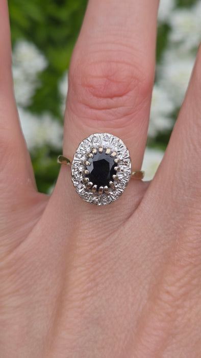 0754 Vintage: 18ct Yellow Gold French Blue Sapphire & 16 Diamond Diana Cluster Ring — From 1980