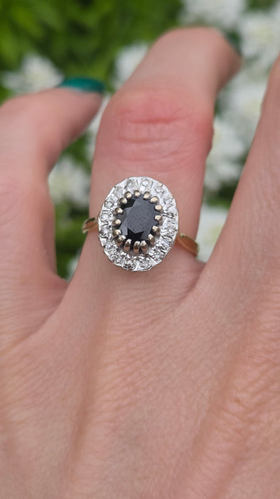 0754 Vintage: 18ct Yellow Gold French Blue Sapphire & 16 Diamond Diana Cluster Ring — From 1980