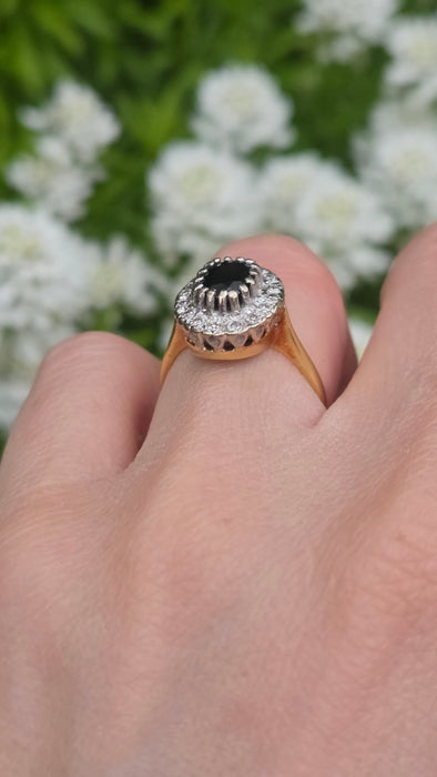 0754 Vintage: 18ct Yellow Gold French Blue Sapphire & 16 Diamond Diana Cluster Ring — From 1980