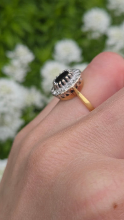 0754 Vintage: 18ct Yellow Gold French Blue Sapphire & 16 Diamond Diana Cluster Ring — From 1980