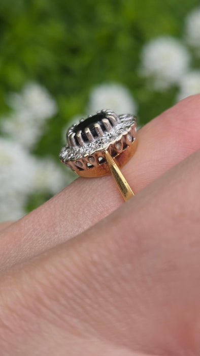 0754 Vintage: 18ct Yellow Gold French Blue Sapphire & 16 Diamond Diana Cluster Ring — From 1980