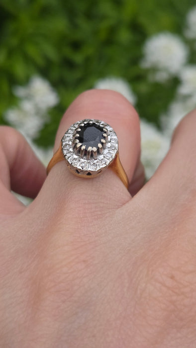 0754 Vintage: 18ct Yellow Gold French Blue Sapphire & 16 Diamond Diana Cluster Ring — From 1980