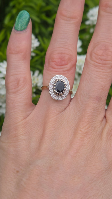 0754 Vintage: 18ct Yellow Gold French Blue Sapphire & 16 Diamond Diana Cluster Ring — From 1980