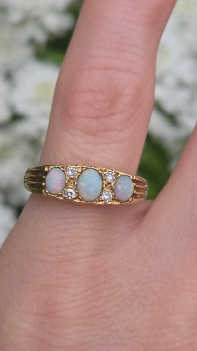2969 Vintage: 18ct Yellow Gold Opal & Diamond Trilogy Ring — From 1968