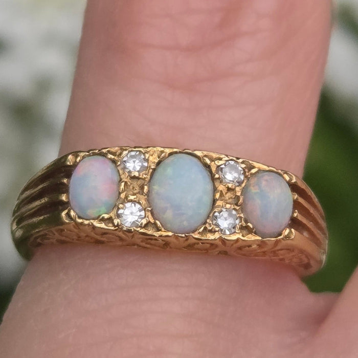 2969 Vintage: 18ct Yellow Gold Opal & Diamond Trilogy Ring — From 1968