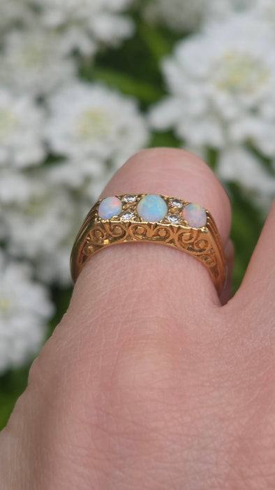 2969 Vintage: 18ct Yellow Gold Opal & Diamond Trilogy Ring — From 1968