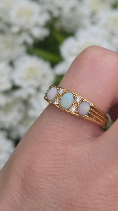 2969 Vintage: 18ct Yellow Gold Opal & Diamond Trilogy Ring — From 1968