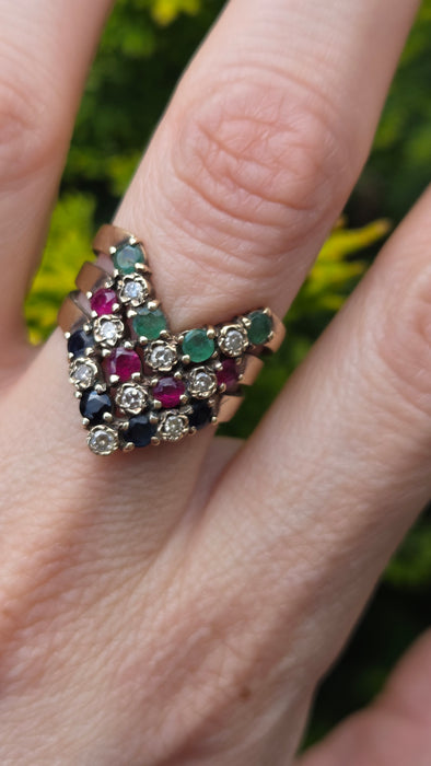 2974 Vintage: 9ct Yellow Gold Ruby, Emerald, Sapphire & Diamond Chevron Cluster Ring — From 1978