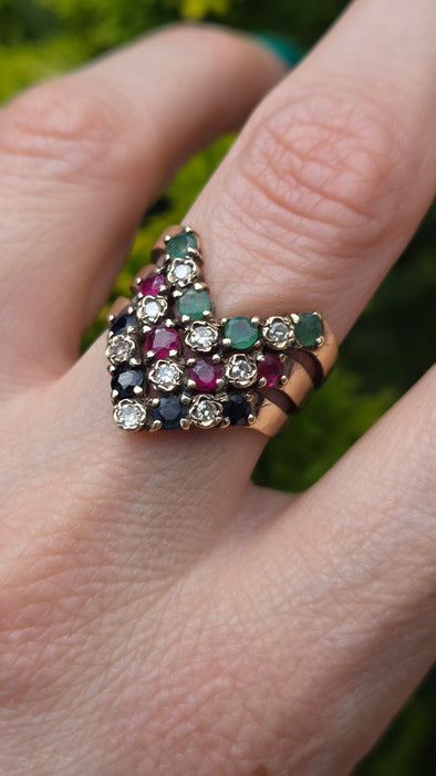 2974 Vintage: 9ct Yellow Gold Ruby, Emerald, Sapphire & Diamond Chevron Cluster Ring — From 1978