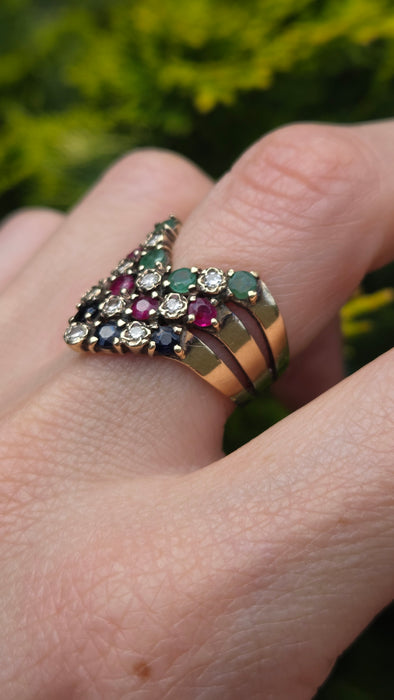 2974 Vintage: 9ct Yellow Gold Ruby, Emerald, Sapphire & Diamond Chevron Cluster Ring — From 1978