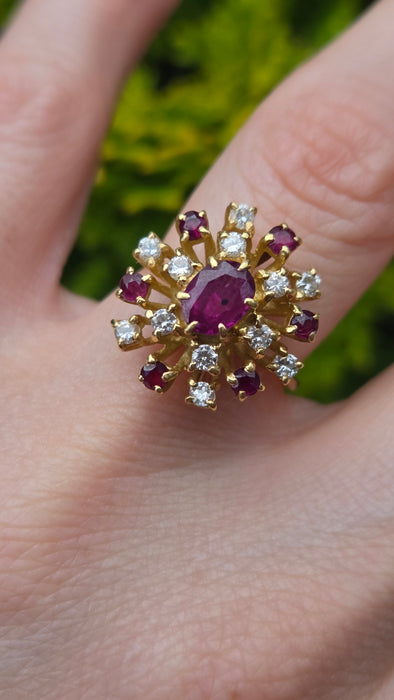 Vintage: 18ct Yellow Gold Ruby & Diamond Stepped Cluster Ring — From 1975 — 0.42ct