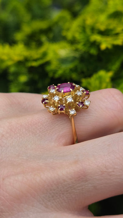 Vintage: 18ct Yellow Gold Ruby & Diamond Stepped Cluster Ring — From 1975 — 0.42ct
