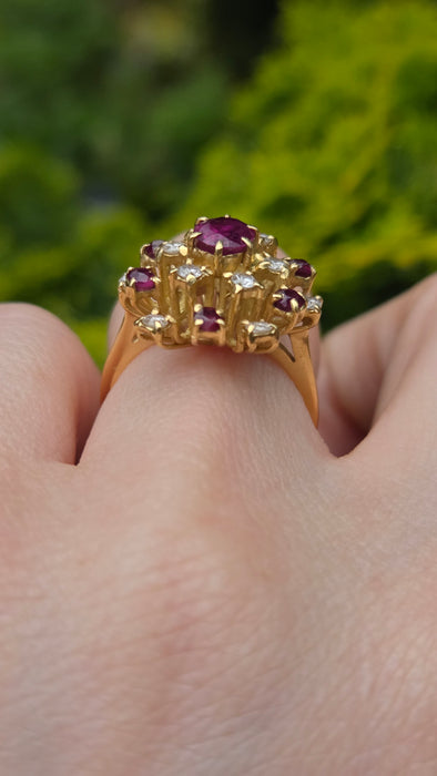 Vintage: 18ct Yellow Gold Ruby & Diamond Stepped Cluster Ring — From 1975 — 0.42ct