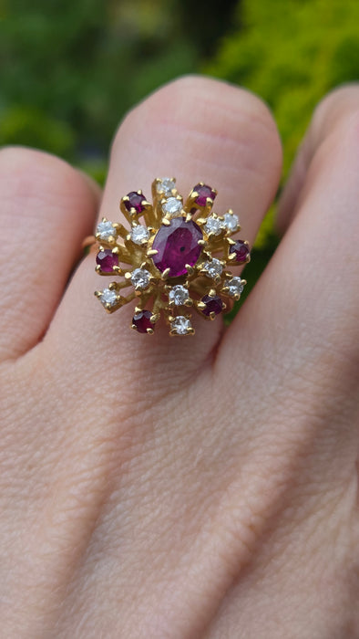 Vintage: 18ct Yellow Gold Ruby & Diamond Stepped Cluster Ring — From 1975 — 0.42ct