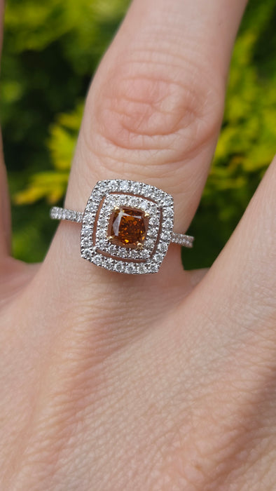 Vintage: 18ct White Gold Orange & White Diamond [1.00ct] Cushion Halo Ring