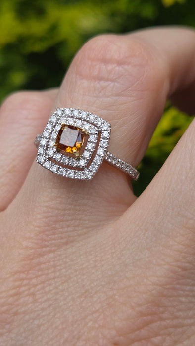 Vintage: 18ct White Gold Orange & White Diamond [1.00ct] Cushion Halo Ring
