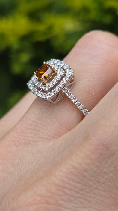Vintage: 18ct White Gold Orange & White Diamond [1.00ct] Cushion Halo Ring