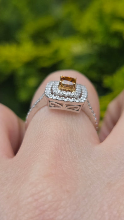 Vintage: 18ct White Gold Orange & White Diamond [1.00ct] Cushion Halo Ring