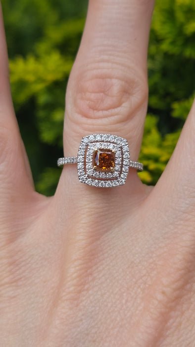 Vintage: 18ct White Gold Orange & White Diamond [1.00ct] Cushion Halo Ring