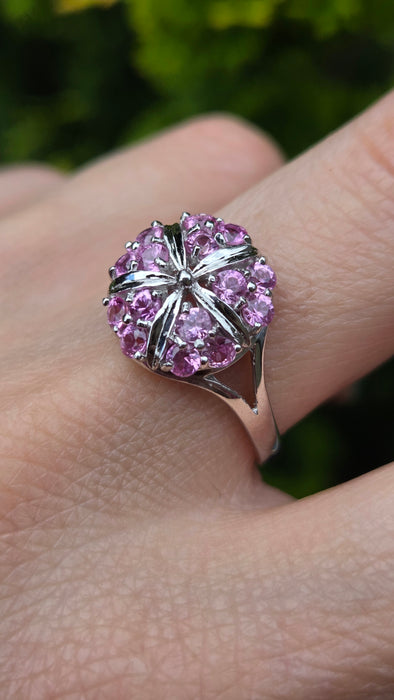 6545 Vintage: 18ct White Gold Pink Sapphire Cluster Cocktail Ring