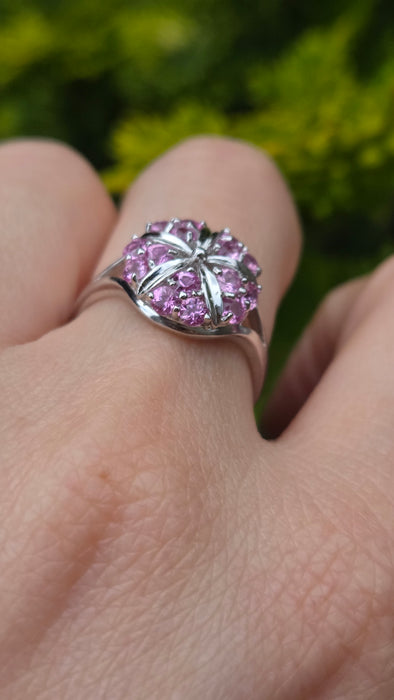 6545 Vintage: 18ct White Gold Pink Sapphire Cluster Cocktail Ring
