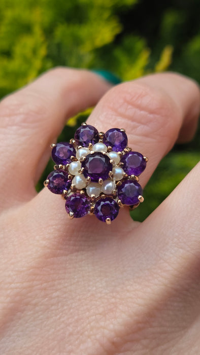 Vintage: 9ct Yellow Gold Amethyst & Seed Pearl Cluster Ring — From 1974