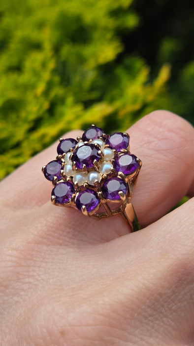 Vintage: 9ct Yellow Gold Amethyst & Seed Pearl Cluster Ring — From 1974