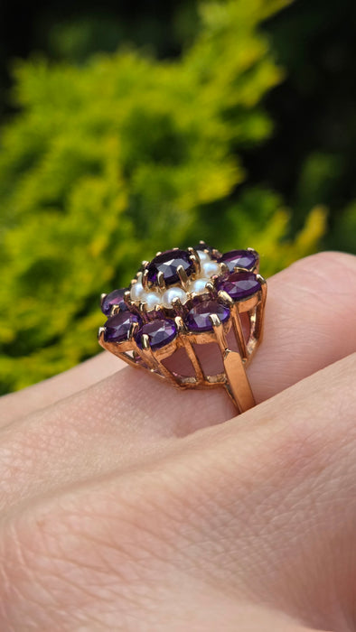 Vintage: 9ct Yellow Gold Amethyst & Seed Pearl Cluster Ring — From 1974