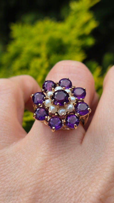 Vintage: 9ct Yellow Gold Amethyst & Seed Pearl Cluster Ring — From 1974