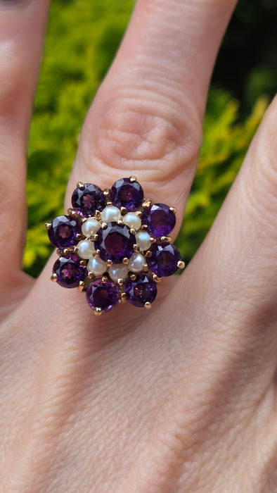 Vintage: 9ct Yellow Gold Amethyst & Seed Pearl Cluster Ring — From 1974